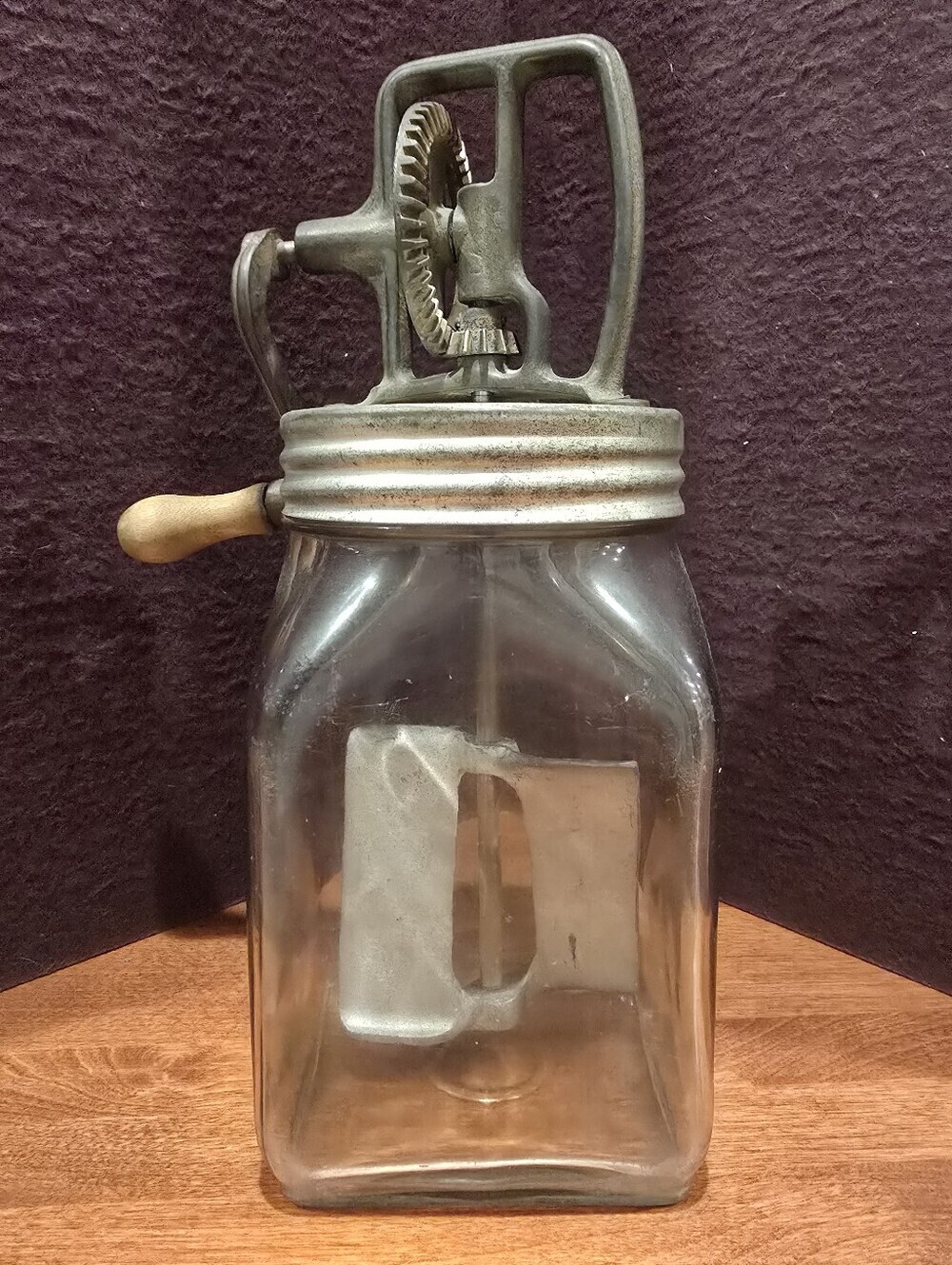 Antique 2 Qt Square Jar Butter Churn Wooden Handle Metal Paddle